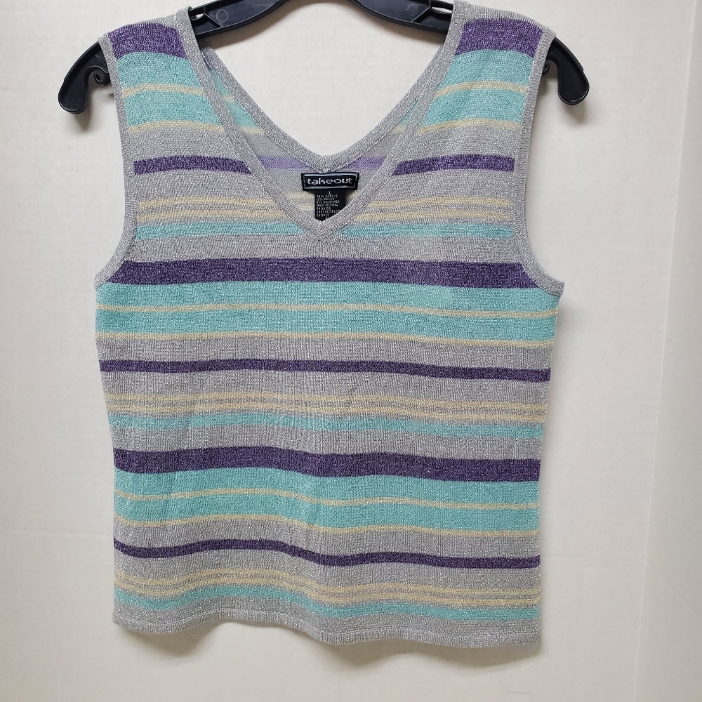 Vintage Takeout Sparkle Tank Top Blue Purple Gray Silver Semi Sheer Stripe New